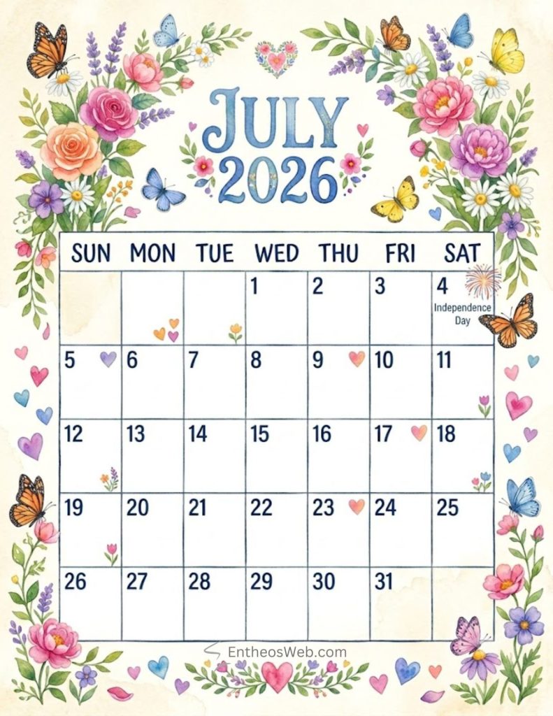 Butterflies flowers hearts july 2026 printable calendar with usa holidays | july 2026 calendar printables 150+ free designs | entheosweb Decorative july 2026 calendar page with colorful floral border and butterflies days of the week across the top and a grid of dates 131 with independence day noted on the 4th and small heart decorations Butterflies flowers hearts july 2026 printable calendar with usa holidays