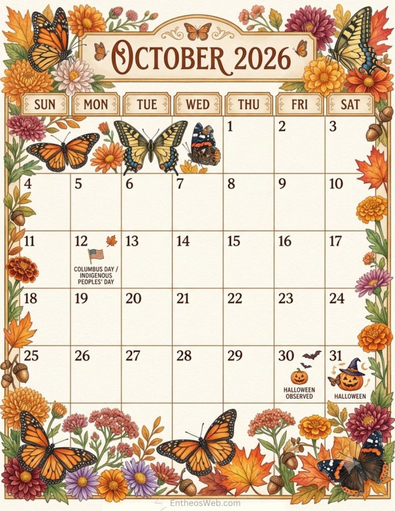 Decorative october 2026 calendar page with butterflies and autumn flowers around the grid Butterflies october 2026 calendar