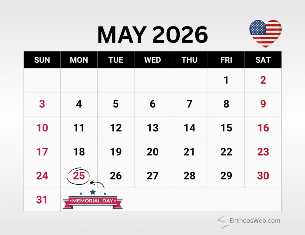 May 2026 calendar with sundays in red may 25 circled with an arrow pointing to it and a memorial day banner under the month american heart emblem at top right Calendar may 2026 large print with federal holiday memorial day