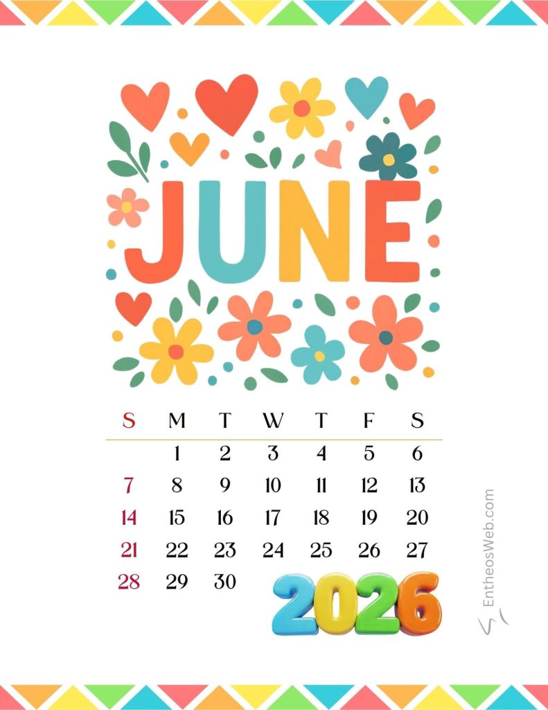 Colorful june calendar 2026 | june 2026 calendar printables | entheosweb Colorful june calendar with flowers colorful june calendar 2026