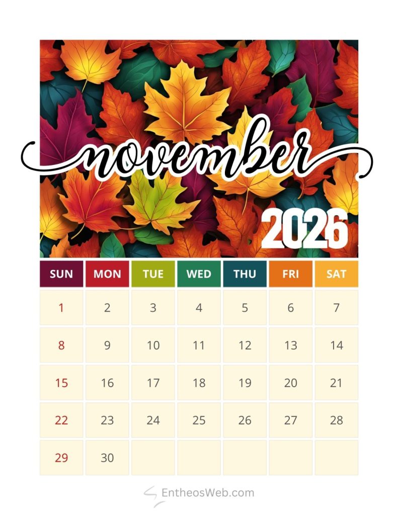 Colorful november 2026 printable calendar colorful november 2026 printable calendar