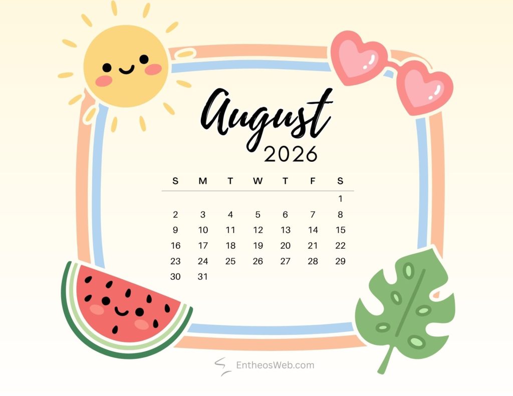 Decorative august 2026 calendar with a smiling sun pink hearts watermelon slice and tropical leaves Cute august calendar 2026 summer