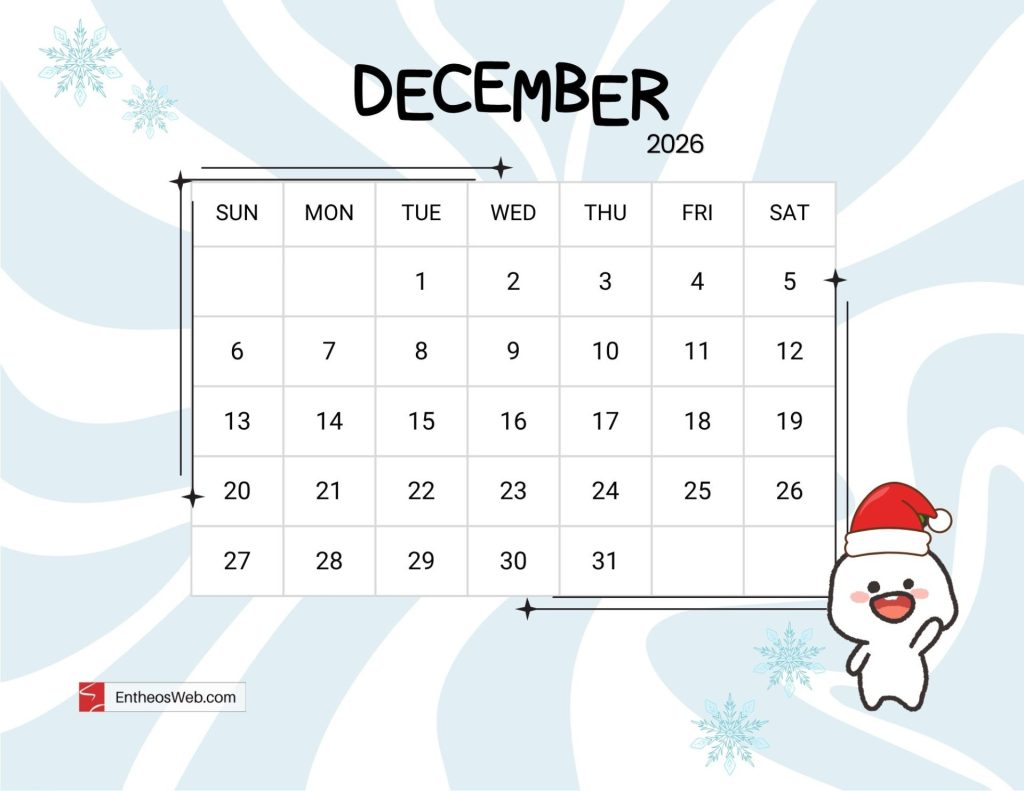 December 2026 calendar grid showing days sunsat and dates 131 with winter theme and a santa illustration in the corner Cute december 2026 printable calendar