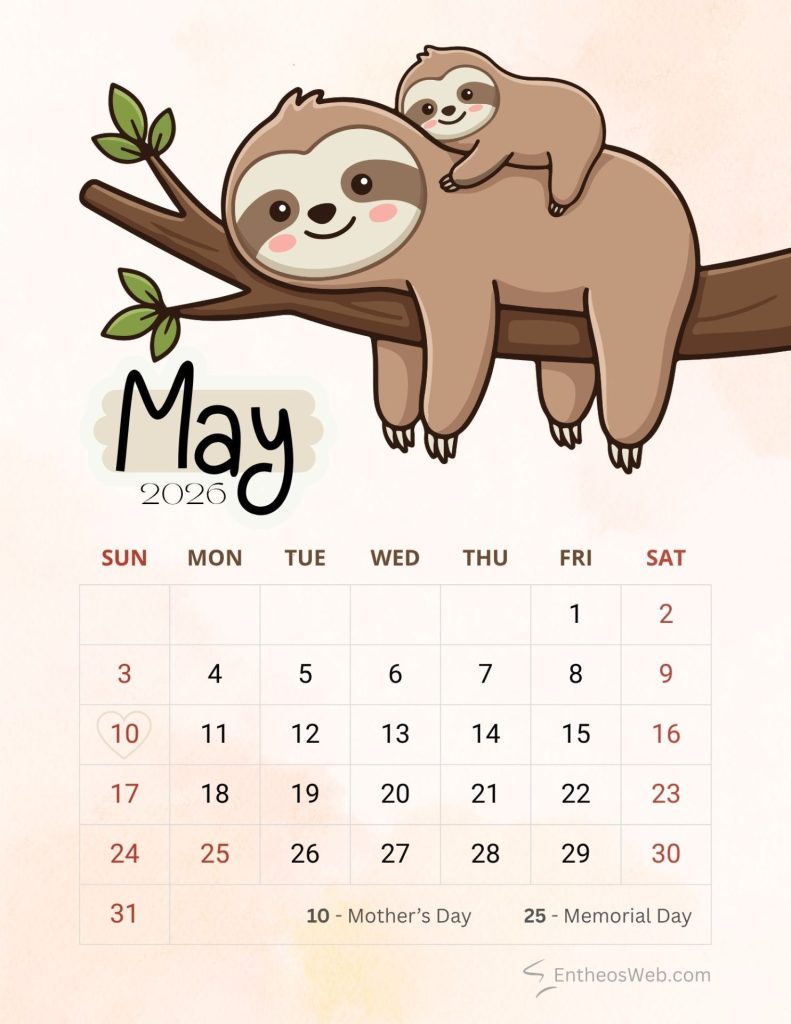 Cute may 2026 calendar with holidays mothers day theme koala bears