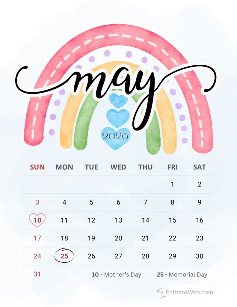 Pastel may 2026 calendar with a rainbow illustration sundays in red 10 marked with a heart 25 circled notes 10 mothers day and 25 memorial day cute may 2026 calendar with us holidays and observances