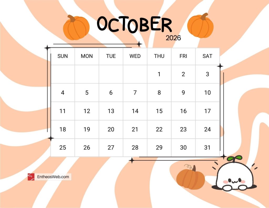 October 2026 calendar grid showing days of the week sunsat and numbered dates on a peach pumpkin themed background Cute october 2026 printable calendar