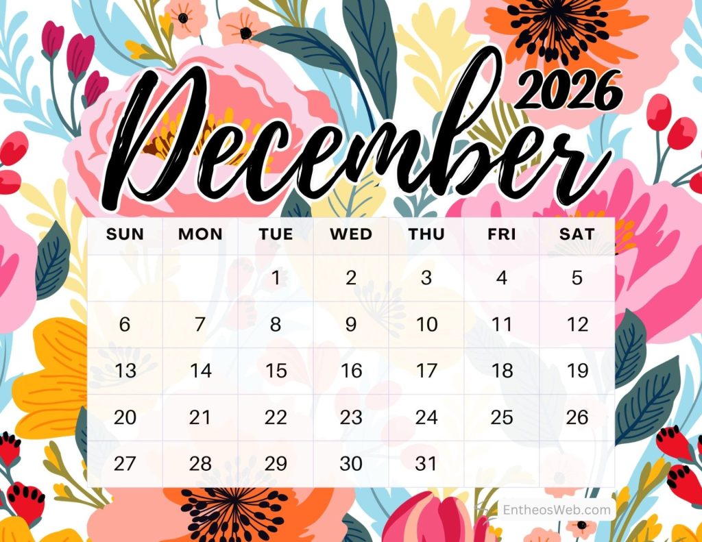 Decorative calendar header displaying december 2026 with a bright floral pattern december 2026 printable calendar with colorful floral background