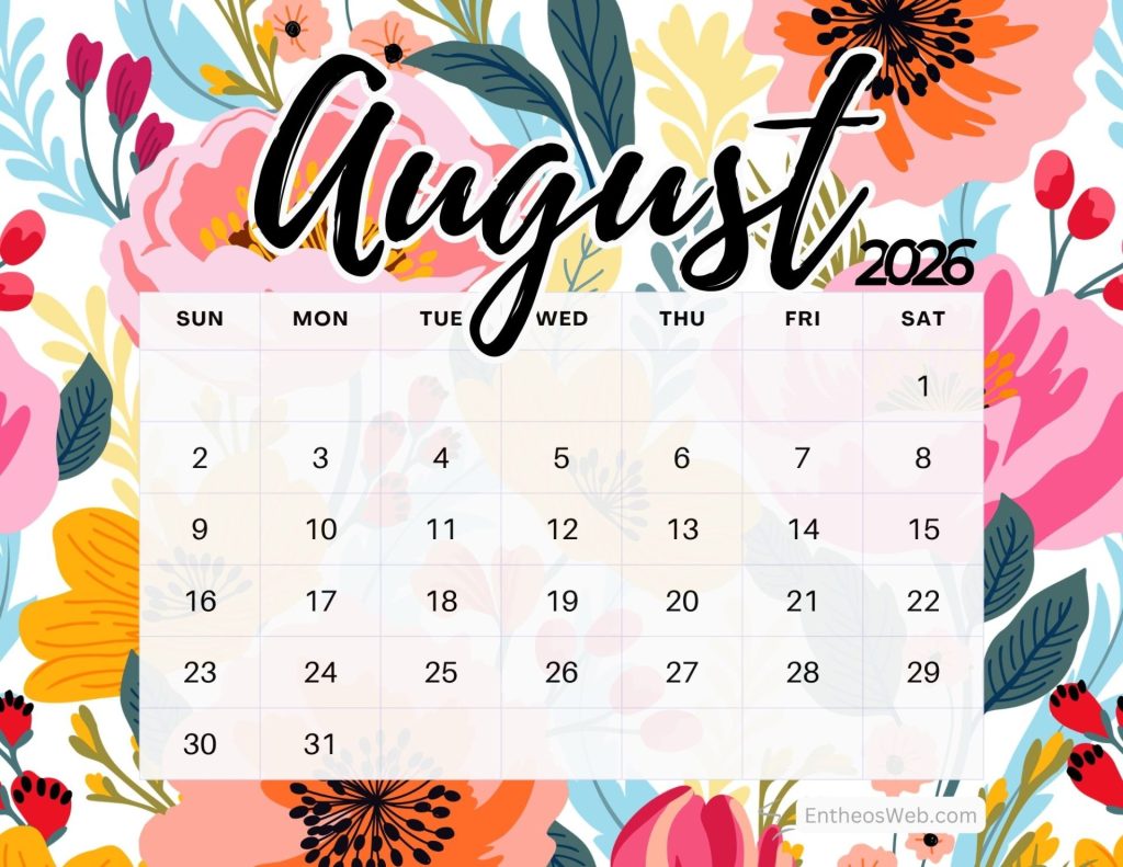 Bright floral august 2026 calendar page with a grid of dates overlaid on colorful flowers Floral august calendar 2026