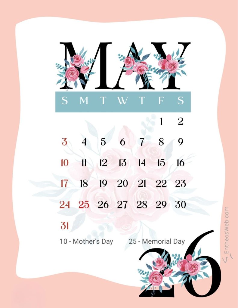 Floral may printable calendar 2026 with holidays