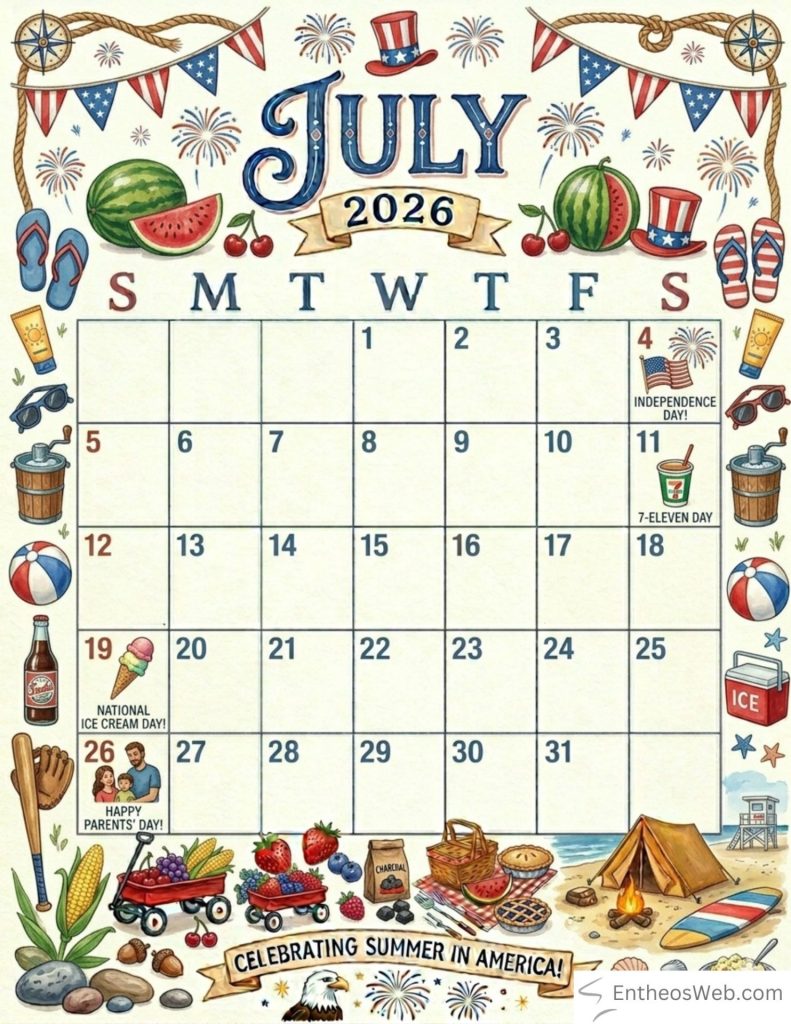 Free printable july 2026 calendar with usa holidays and special days with summer theme background | july 2026 calendar printables 150+ free designs | entheosweb July 2026 calendar page with patriotic decorations fireworks flags and summer imagery watermelon corn camping gear set around the dates 131 including july 4th independence day symbols and summer food icons Free printable july 2026 calendar with usa holidays and special days with summer theme background