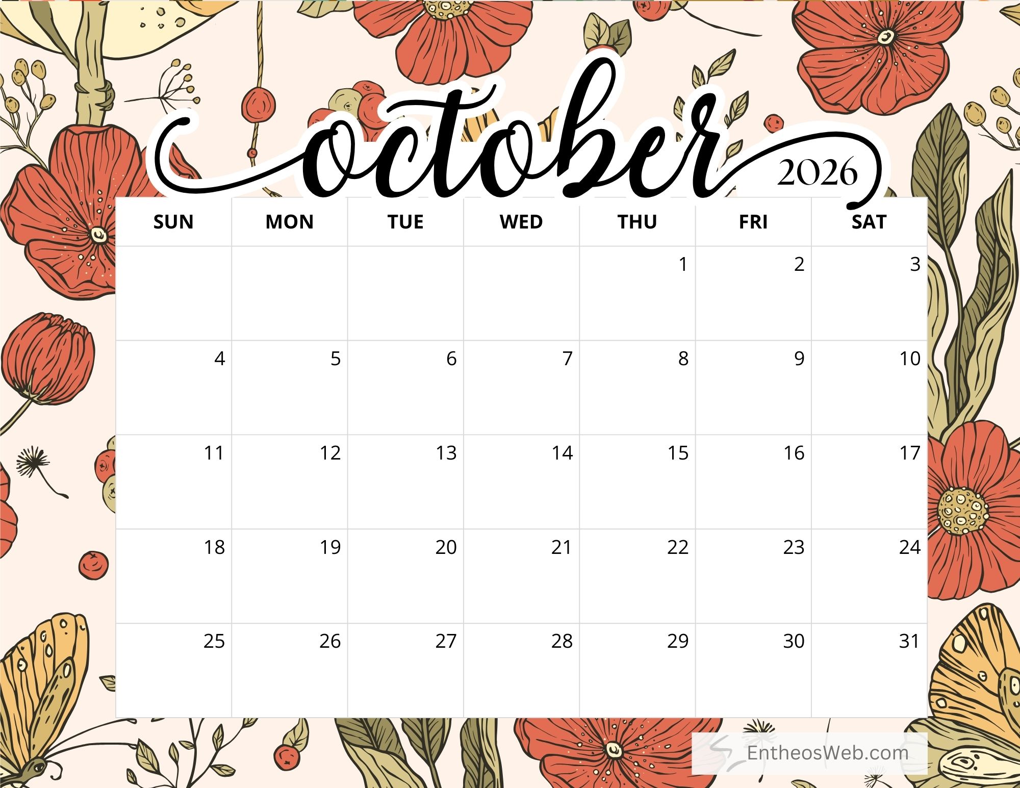 Print October 2026 Calendar Anna Printable