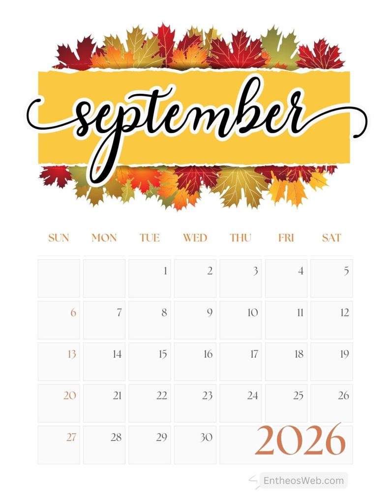 September 2026 calendar page with autumn leaves border and a yellow banner at the top Free printable september calendar 2026