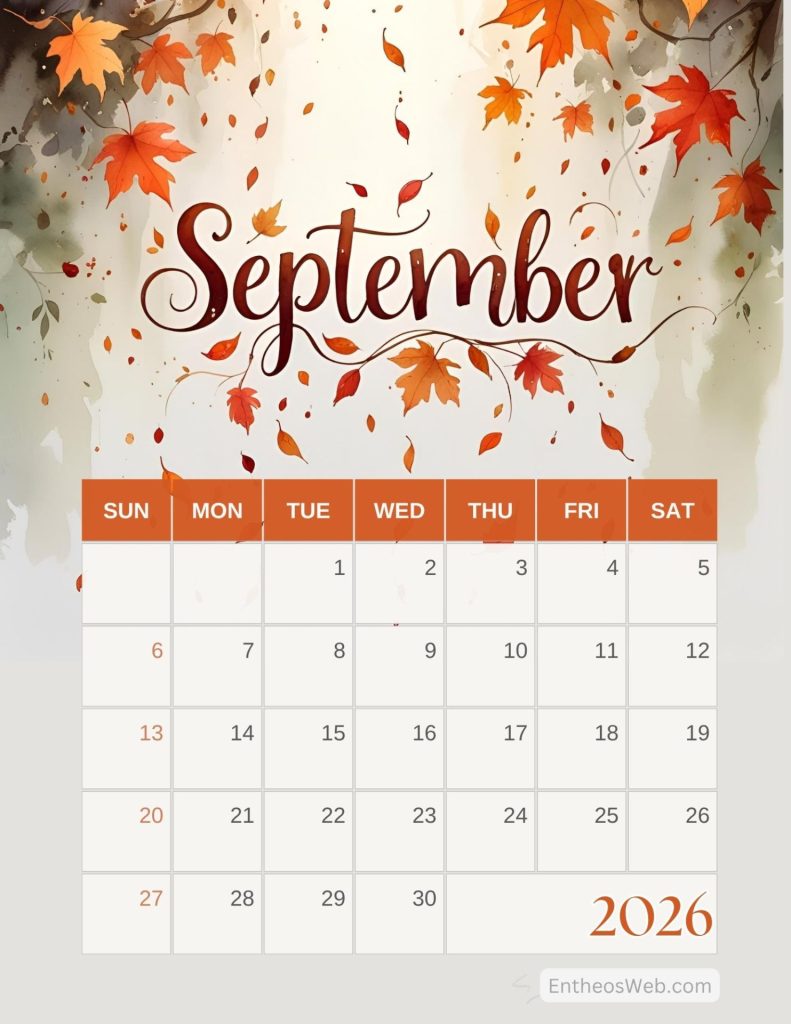 Decorative calendar page for september 2026 featuring an autumn leaf motif and a sundaysaturday date grid Free printable september calendar 2026 fall leaves