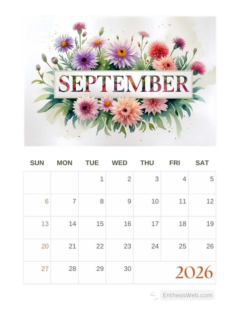 Floral september calendar header with colorful flowers surrounding the word september and a monthly grid below for 2026 Free printable september calendar 2026 floral header