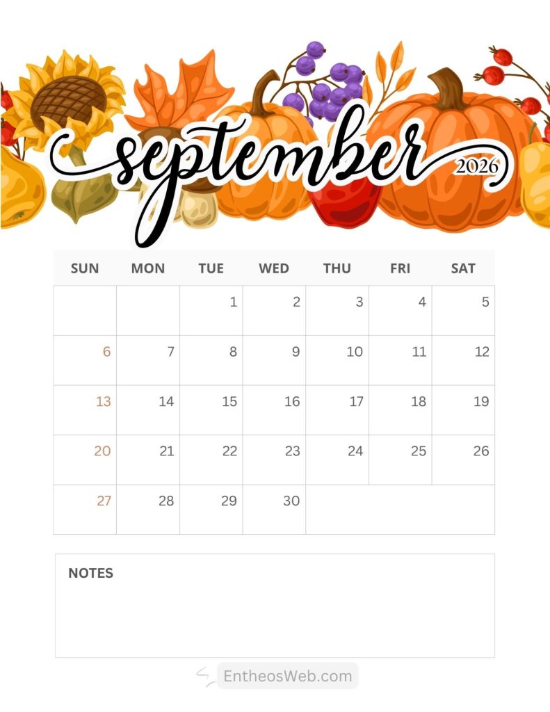Autumn themed september 2026 calendar header with pumpkins followed by a grid of dates sunsat Free printable september calendar 2026 with notes