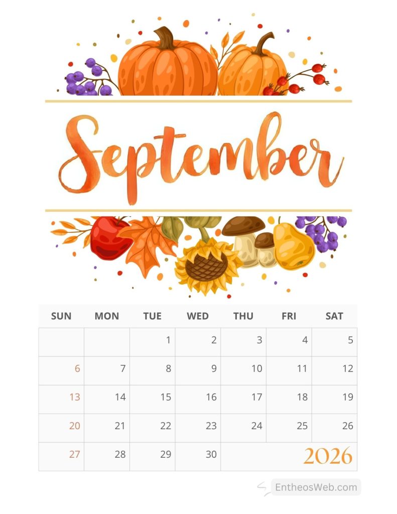 Autumn themed september 2026 calendar page featuring orange pumpkins gourds and leaves above the calendar grid Free printable september calendar 2026 with pumpkins