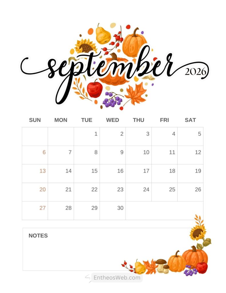 September 2026 calendar page with an autumn harvest illustration above the dates pumpkins leaves berries and a notes section below Free september calendar printable with notes