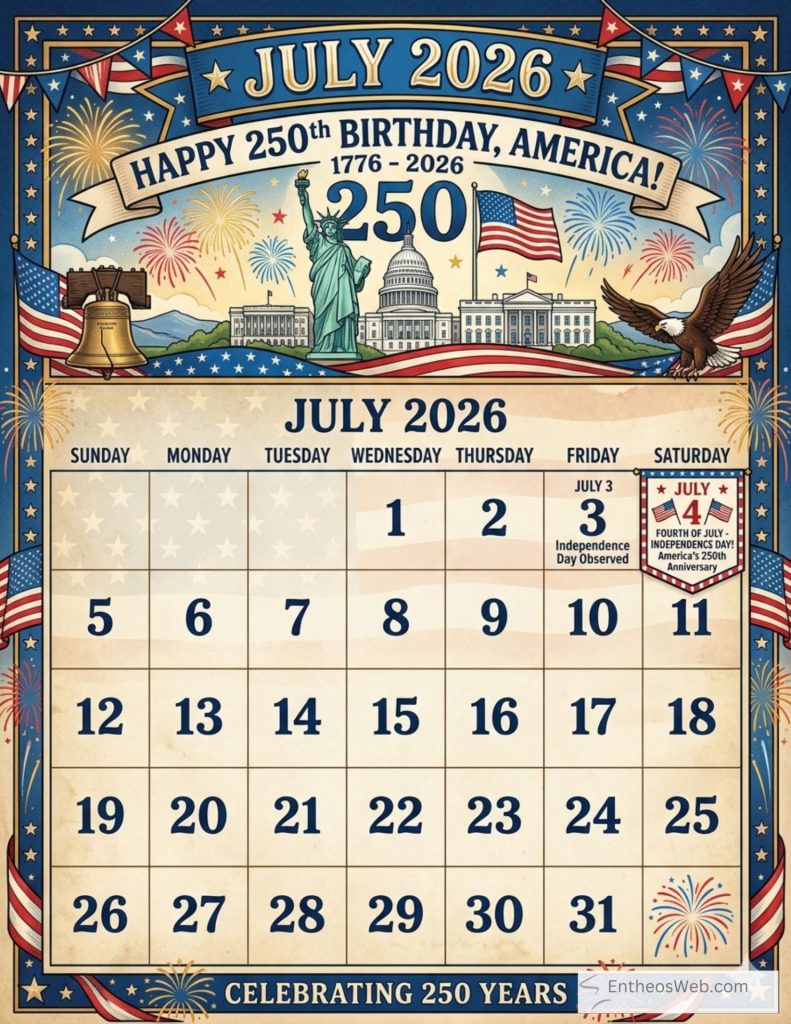 Happy 250th birthday america july 2026 calendar | july 2026 calendar printables 150+ free designs | entheosweb July 2026 calendar celebrating america happy 250th birthday america july 2026 calendar's 250th birthday with fireworks, Statue of Liberty, Capitol, flags.