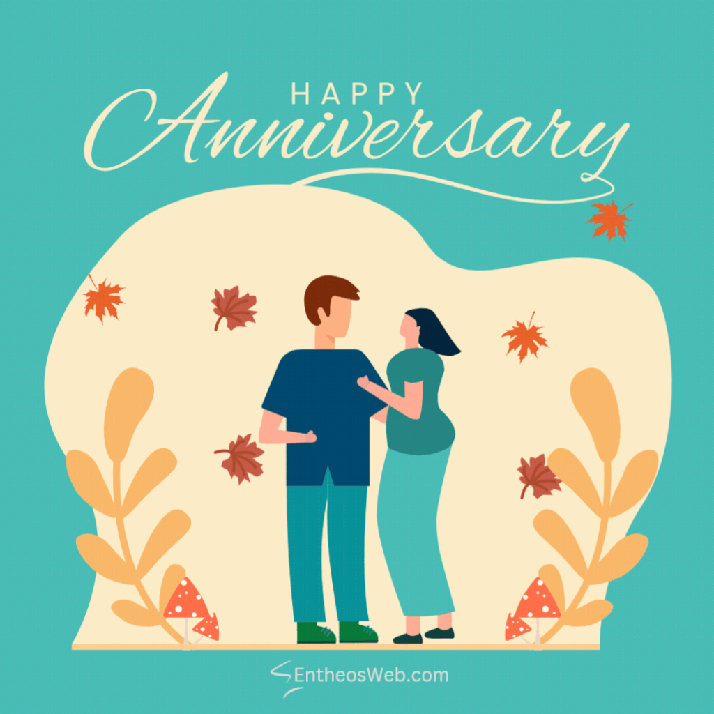 Celebration card showing a couple embracing under a teal background with the words happy anniversary and autumn leaves around them Happy anniversary 1