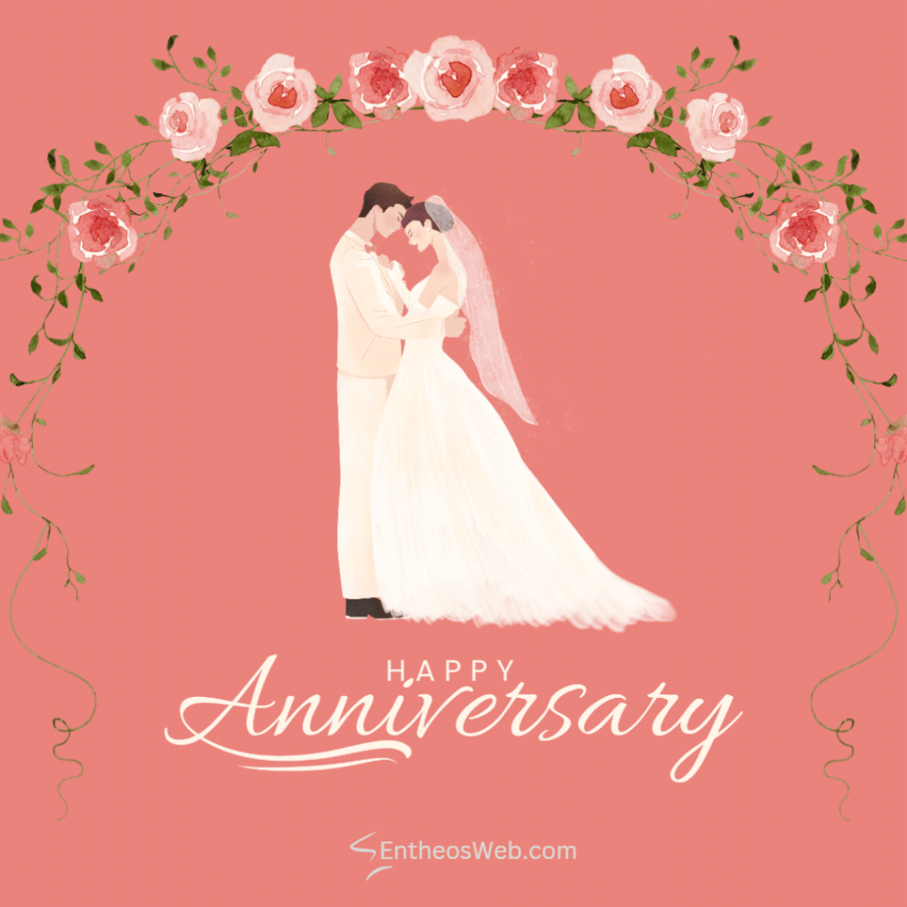 Happy anniversary 2 | happy anniversary animated gif images | entheosweb Couple in wedding attire embrace under a floral arch on a coral background with happy anniversary text and entheosweb Com Happy anniversary 2