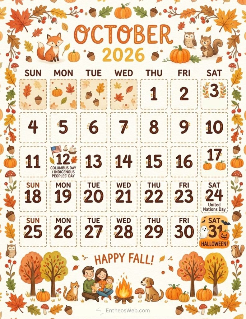 Autumn themed october 2026 calendar page with pumpkins leaves and woodland creatures around a calendar grid Happy fall october 2026 calendar