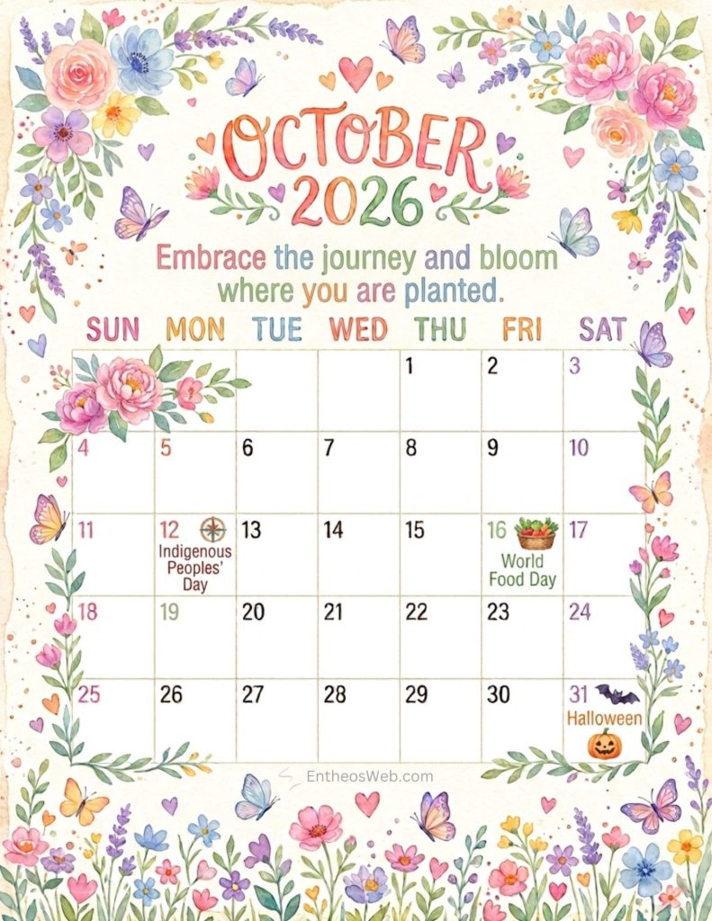 Colorful october 2026 calendar page with floral border and events indigenous peoples day on 12 world food day on 16 halloween on 31 Inspirational printable october calendar 2026