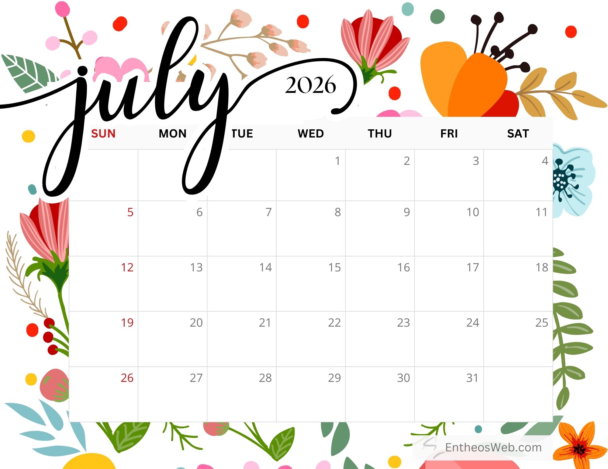 July 2026 Calendar Free Printable Calendar With Holidays 2026