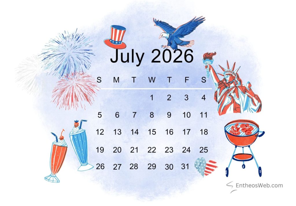 July printable calendar 2026 4th of july theme | july 2026 calendar printables 150+ free designs | entheosweb July printable calendar 2026 4th of july theme with statue of liberty eagle fireworks july printable calendar 2026 4th of july theme