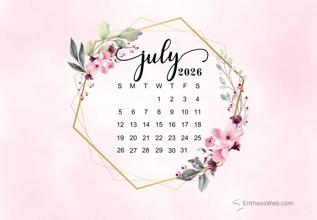 Decorative july 2026 calendar on a pale pink background with a gold geometric frame and pink flowers framing the page July printable calendar 2026 floral circle border