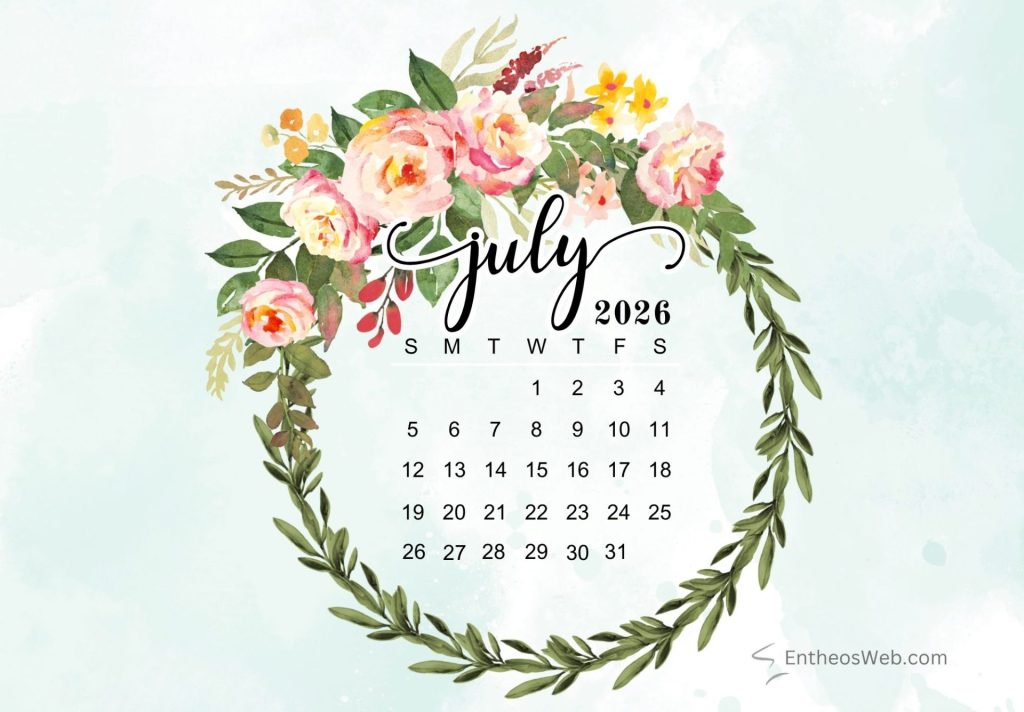Watercolor floral wreath framing a july 2026 calendar on a pale blue background July printable calendar 2026 floral wreath