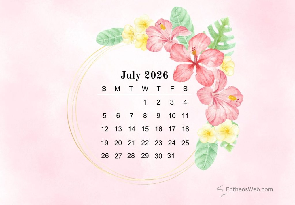 July printable calendar 2026 tropical | july 2026 calendar printables 150+ free designs | entheosweb Floral wreath frame pink july calendar 2026 july printable calendar 2026 tropical