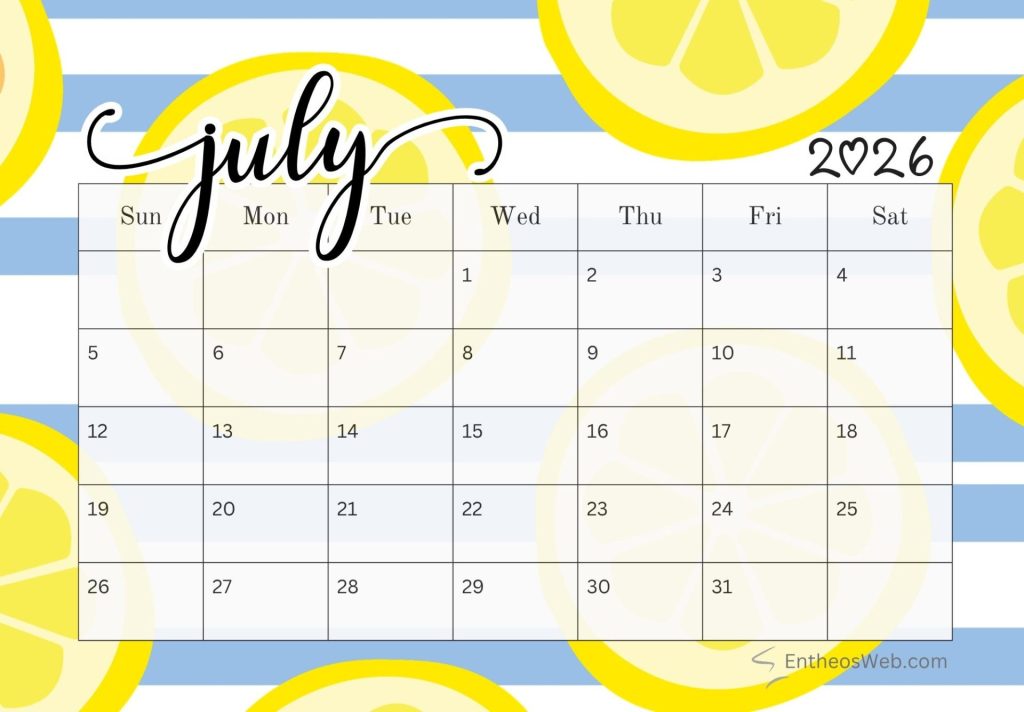July printable lemon theme calendar 2026 | july 2026 calendar printables 150+ free designs | entheosweb Lemon background july 2026 printable calendar july printable lemon theme calendar 2026