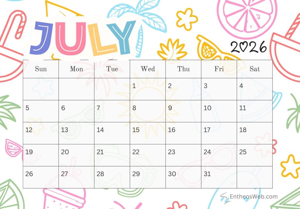 July printable summer colorful calendar 2026 | july 2026 calendar printables 150+ free designs | entheosweb Colorful summer background july calendar 2026 july printable summer colorful calendar 2026