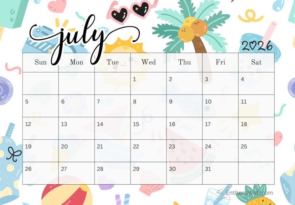 July printable summer theme calendar 2026 | july 2026 calendar printables 150+ free designs | entheosweb Summer background july printable calendar 2026 july printable summer theme calendar 2026