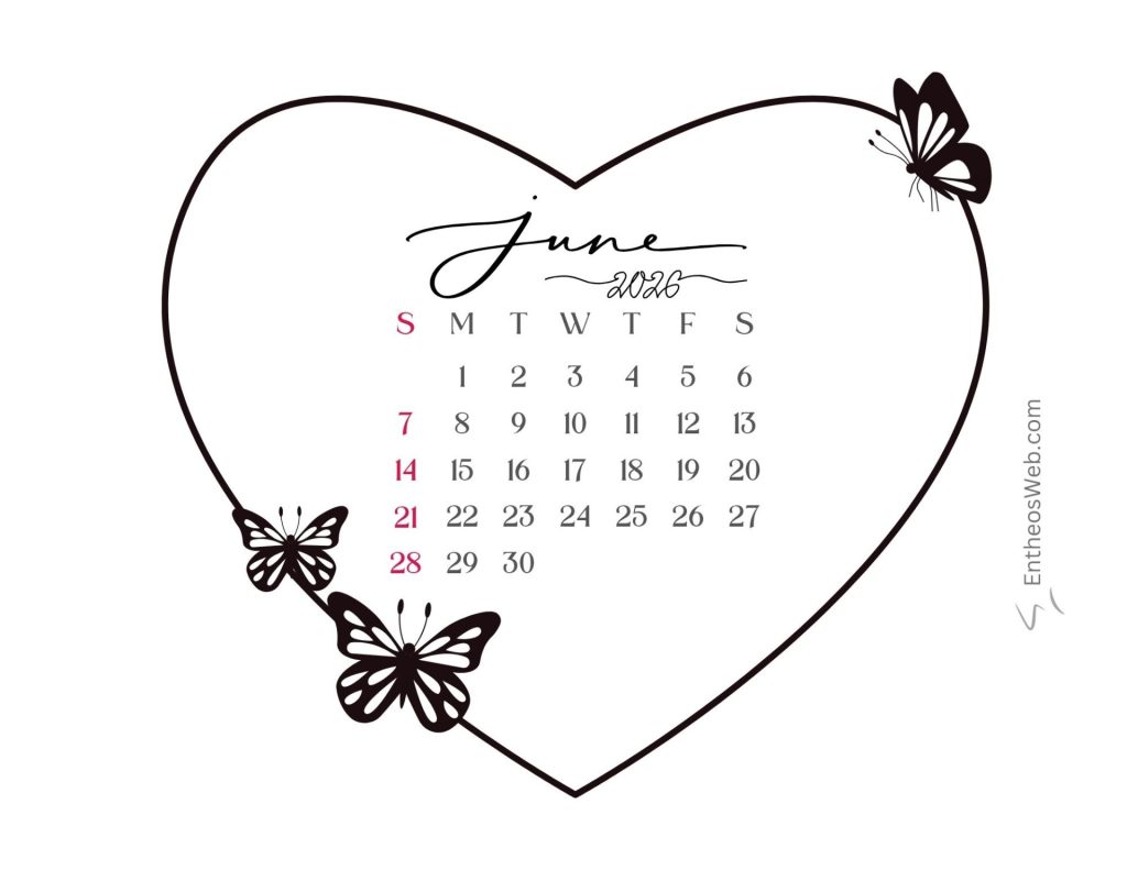 June 2026 calendar butterflies black and white | june 2026 calendar printables | entheosweb June 206 calendar heart with butterflies black and white june 2026 calendar butterflies black and white