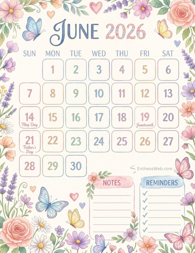 Decorative june 2026 calendar page with pastel colors floral border and butterfly accents surrounding a 7 column date grid June 2026 calendar butterflies flowers