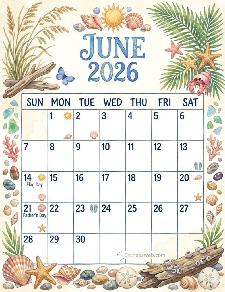 Decorative june 2026 calendar page with seashell border dates from 1 to 30 with flag day on june 14 and father's Day on June 21.