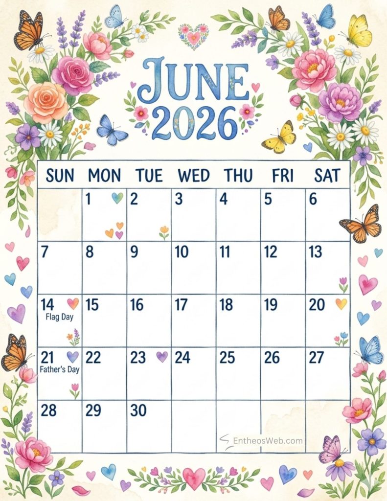 June 2026 calendar page with colorful flowers and butterflies showing dates and events like flag day june 14 and fathers day june 21 June 2026 calendar pretty flowers butterflies
