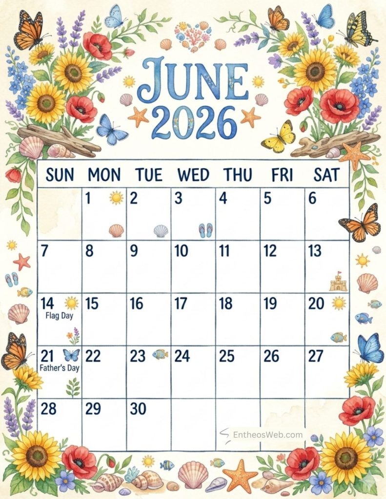 Decorative june 2026 calendar page with sunflower butterfly and seashell border June 2026 calendar shells flowers