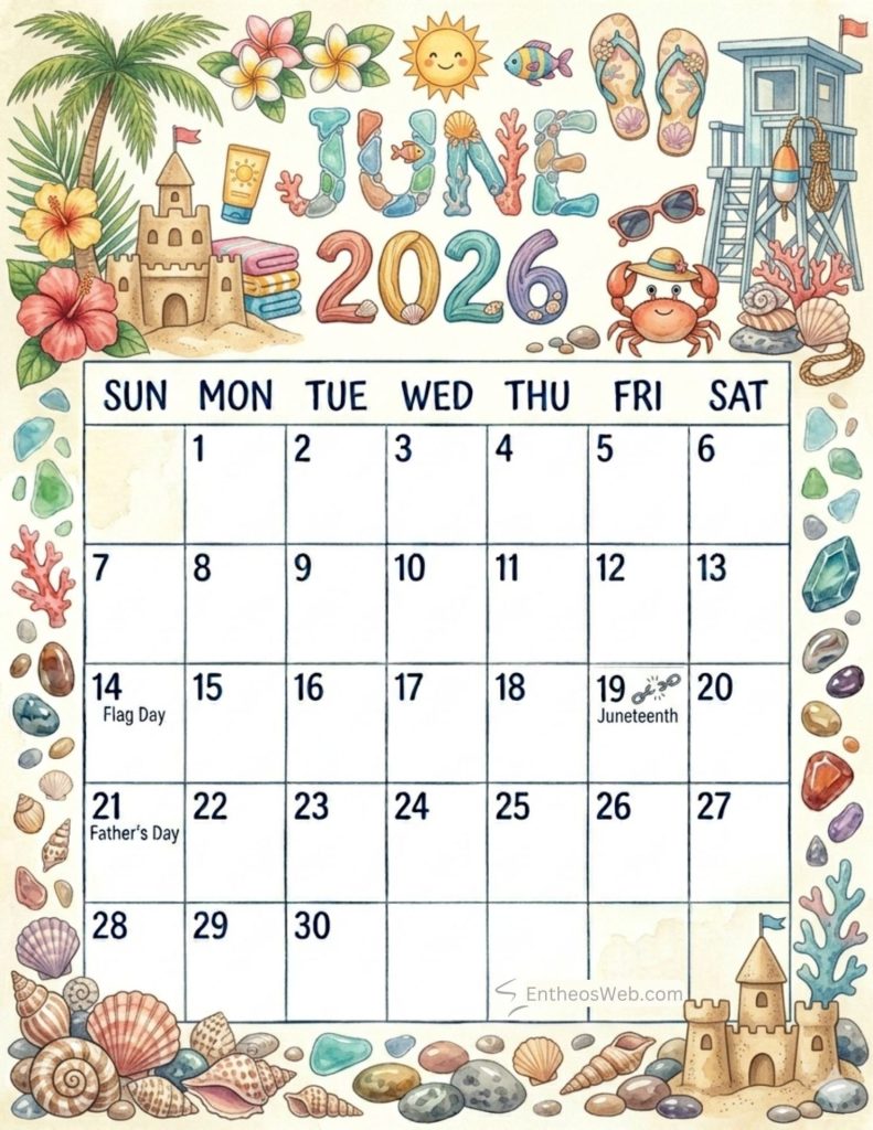 Summer themed july 2026 calendar page with a beach scene sandcastle palm tree hibiscus seashells and lifeguard tower surrounding the date grid June 2026 calendar special observances beach