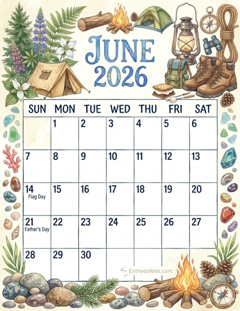 Calendar page for june 2026 featuring camping scene and nature border art in a campground setting June 2026 camping calendar