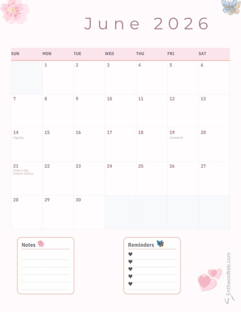 Pastel june 2026 calendar grid with decorative flowers and a butterfly plus notes and reminders panels at the bottom