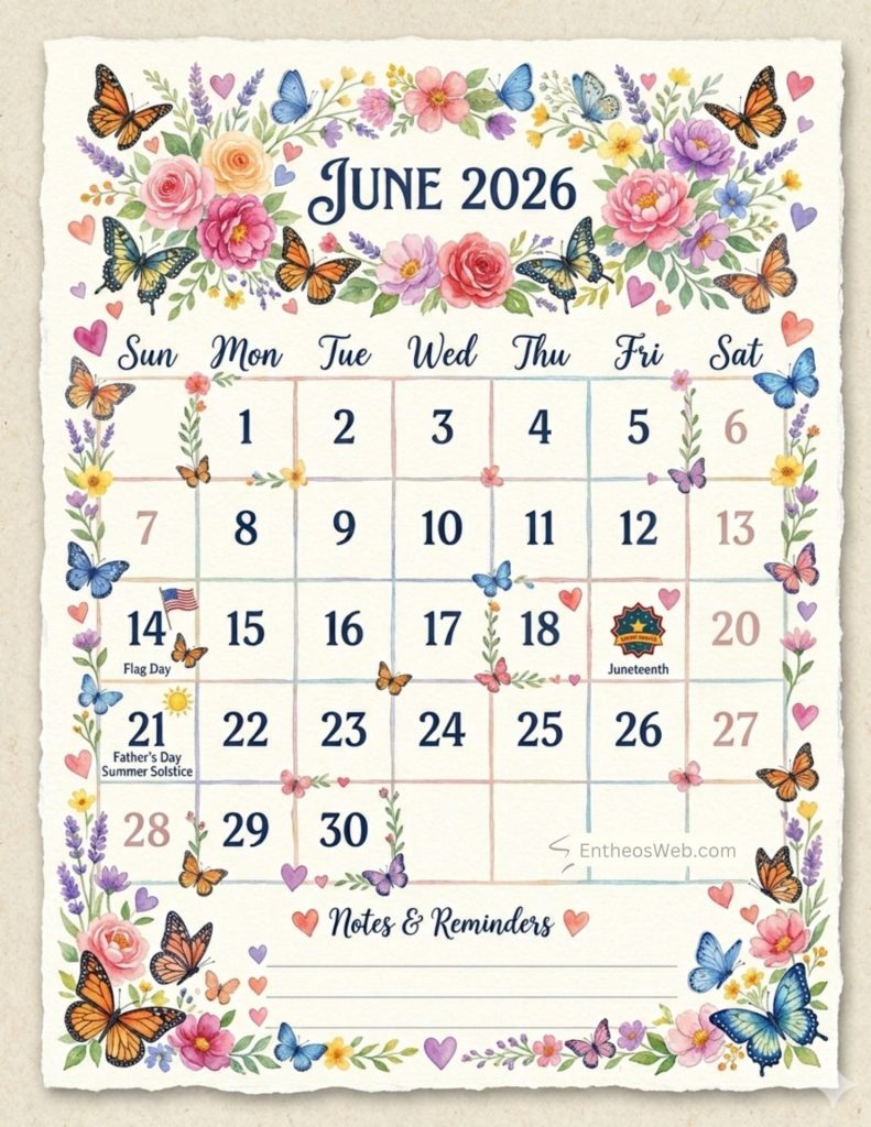 Decorative june 2026 calendar page surrounded by colorful flowers and butterflies with days laid out in a grid june 2026 printable calendar juneteenth flag day fathers day summer solstice