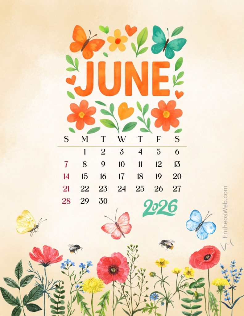 Floral june calendar 2026 printable june calendar 2026 butterflies and flowers 2