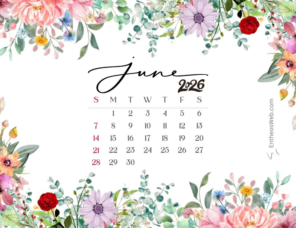 June calendar 2026 colorful flowers | june 2026 calendar printables | entheosweb June calendar 2026 with border of colorful flowers june calendar 2026 colorful flowers
