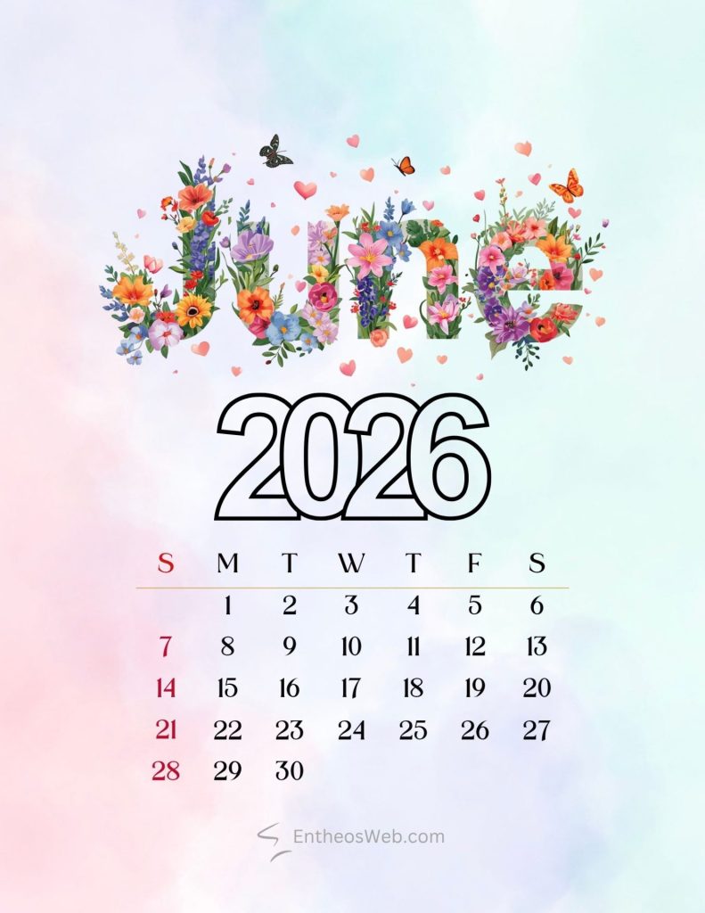 June 2026 calendar floral typography with butterflies june calendar 2026 floral typography 2