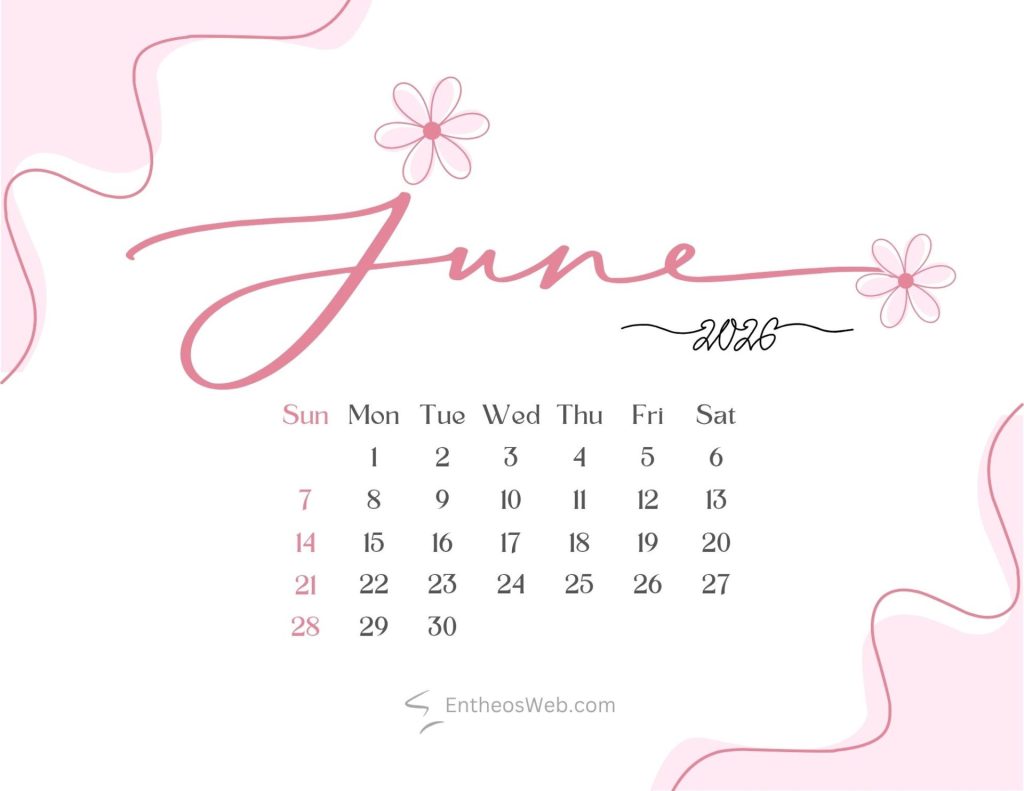 June calendar 2026 pink and white | june 2026 calendar printables | entheosweb June 2026 calendar printable with pink decorative swirls and flowers june calendar 2026 pink and white