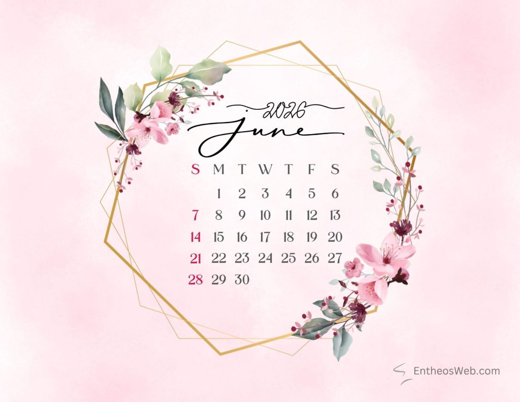 June calendar 2026 pink floral hexagon gold frame | june 2026 calendar printables | entheosweb June calendar 2026 gold hexagon frame with pink flowers june calendar 2026 pink floral hexagon gold frame