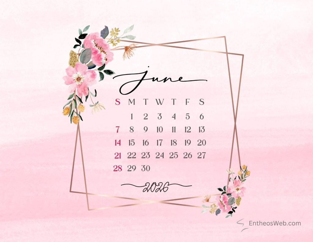 June calendar 2026 pretty floral frame with gold border | june 2026 calendar printables | entheosweb June calendar 2026 with pretty pink floral frame and gold border june calendar 2026 pretty floral frame with gold border