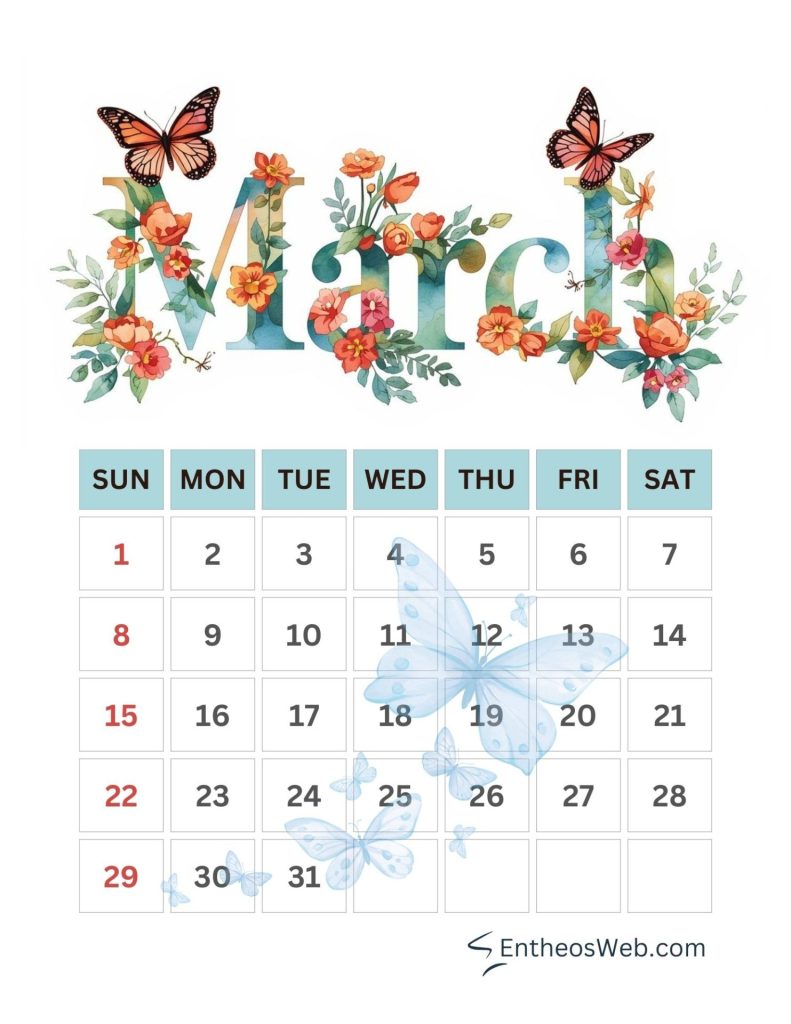 March calendar 2026 butterflies and spring